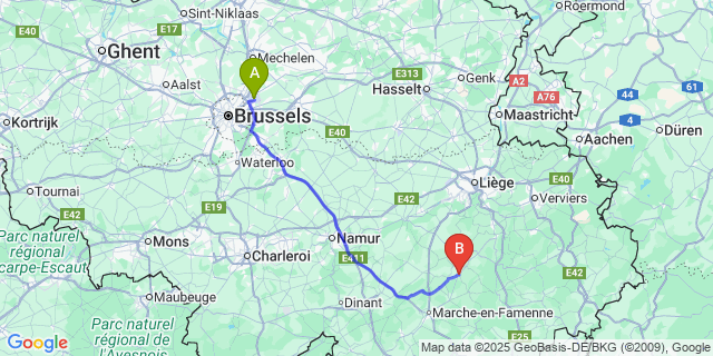 Map: Brussels Zaventem Airport (BRU) to Barvaux-sur-Ourthe