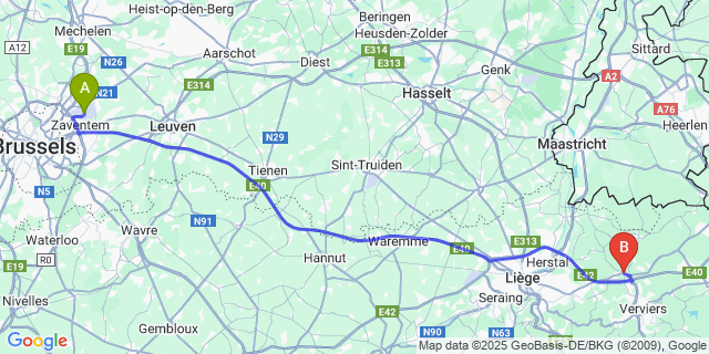 Map: Brussels Zaventem Airport (BRU) to Battice