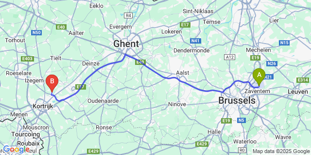Map: Brussels Zaventem Airport (BRU) to Bavikhove