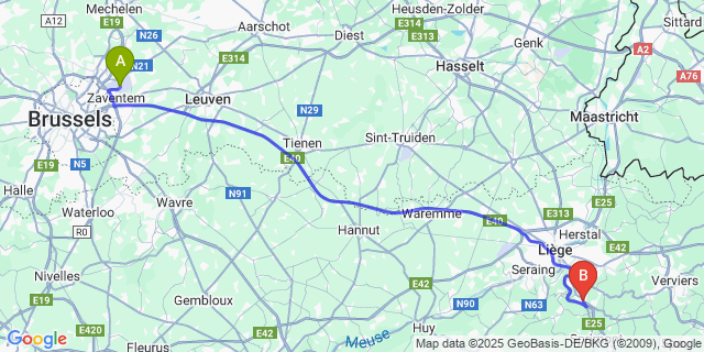 Map: Brussels Zaventem Airport (BRU) to Beaufays