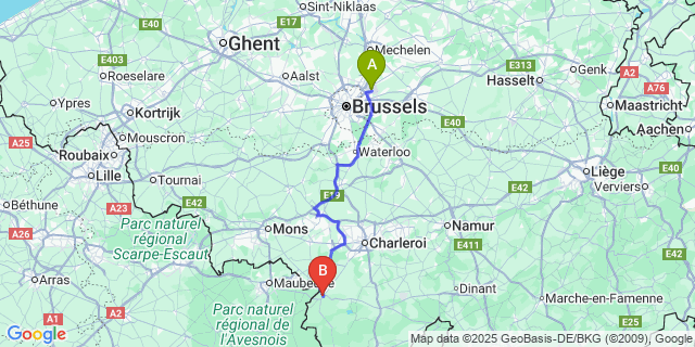 Map: Brussels Zaventem Airport (BRU) to Beaumont