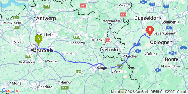 Map: Brussels Zaventem Airport (BRU) to Bedburg