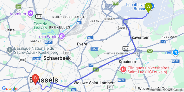 Map: Brussels Zaventem Airport (BRU) to Bedford Hotel & Congress Centre, Brussels