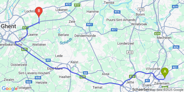 Map: Brussels Zaventem Airport (BRU) to Beervelde
