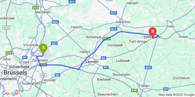 Map: Brussels Zaventem Airport (BRU) to Bekkevoort
