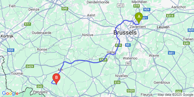 Map: Brussels Zaventem Airport (BRU) to Beloeil