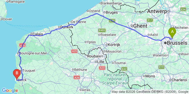Map: Brussels Zaventem Airport (BRU) to Berck