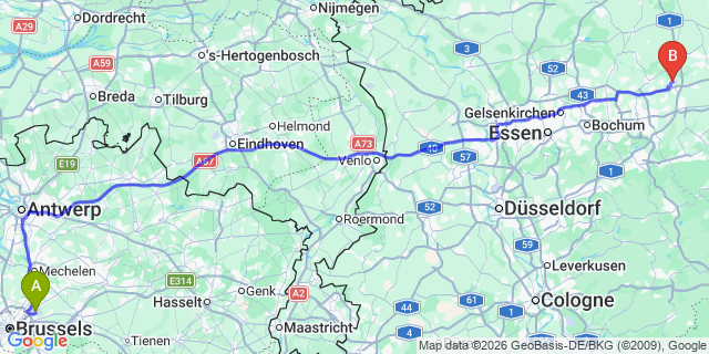Map: Brussels Zaventem Airport (BRU) to Bergkamen