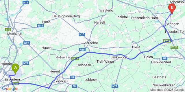 Map: Brussels Zaventem Airport (BRU) to Beringen-Mijn