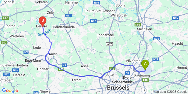 Map: Brussels Zaventem Airport (BRU) to Berlare