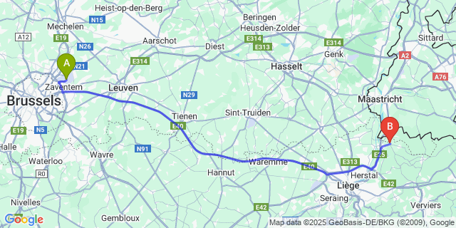 Map: Brussels Zaventem Airport (BRU) to Berneau