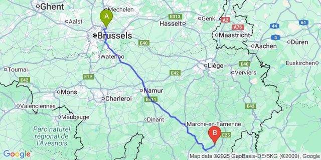 Map: Brussels Zaventem Airport (BRU) to Bertogne