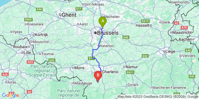 Map: Brussels Zaventem Airport (BRU) to Berzée