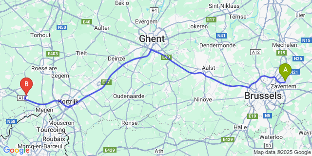 Map: Brussels Zaventem Airport (BRU) to Beselare