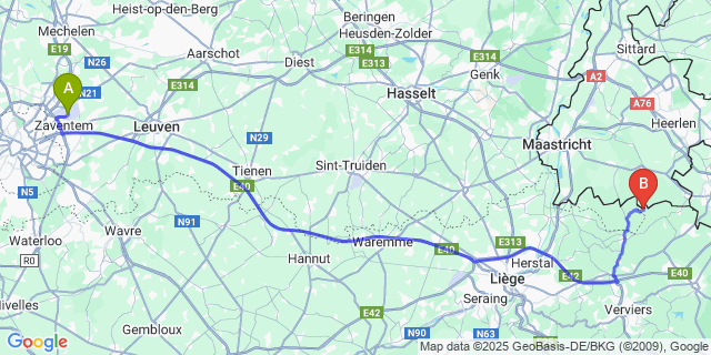 Map: Brussels Zaventem Airport (BRU) to Beusdael