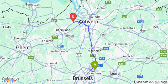 Map: Brussels Zaventem Airport (BRU) to Beveren
