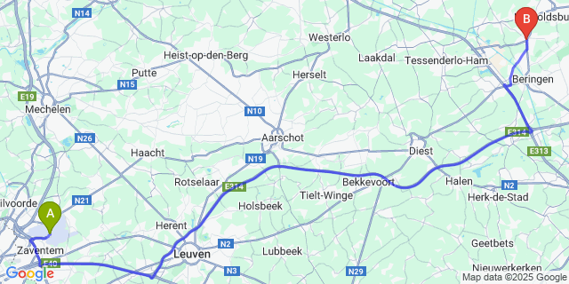 Map: Brussels Zaventem Airport (BRU) to Beverlo