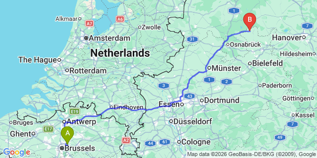 Map: Brussels Zaventem Airport (BRU) to Bielefeld