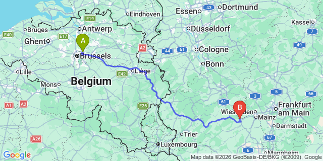 Map: Brussels Zaventem Airport (BRU) to Bingen am Rhein