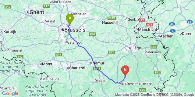 Map: Brussels Zaventem Airport (BRU) to Biron