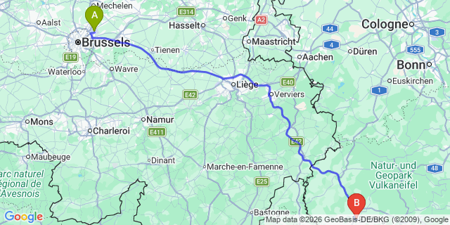 Map: Brussels Zaventem Airport (BRU) to Bitburg