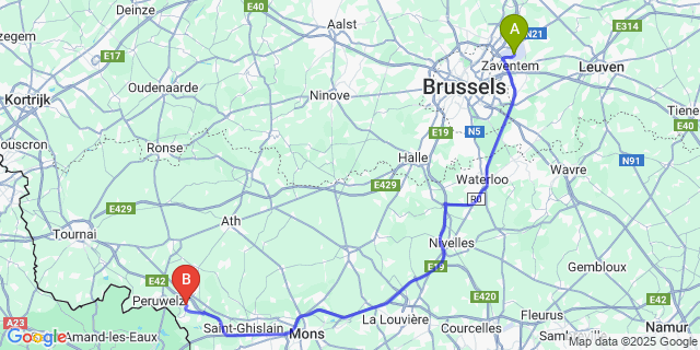 Map: Brussels Zaventem Airport (BRU) to Blaton