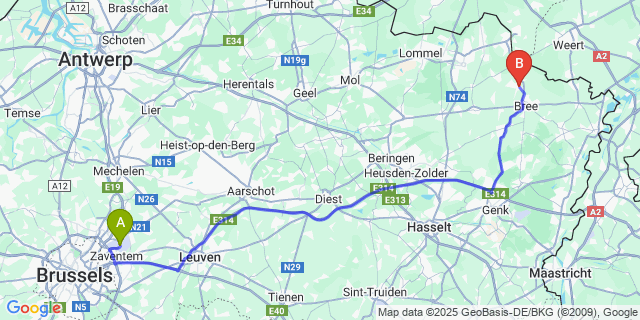 Map: Brussels Zaventem Airport (BRU) to Bocholt