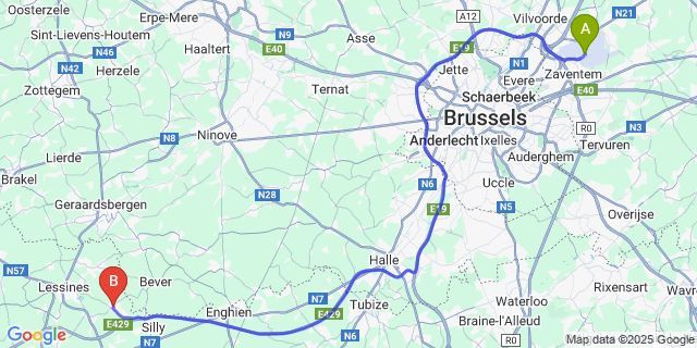 Map: Brussels Zaventem Airport (BRU) to Bois-De-Lessines