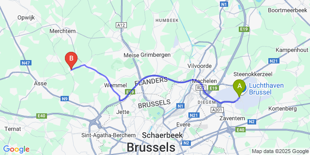 Map: Brussels Zaventem Airport (BRU) to Bollebeek
