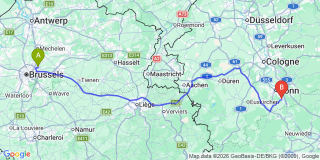 Map: Brussels Zaventem Airport (BRU) to Bonn-Bad Godesberg