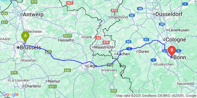Map: Brussels Zaventem Airport (BRU) to Bonn