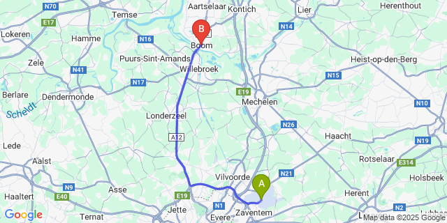 Map: Brussels Zaventem Airport (BRU) to Boom