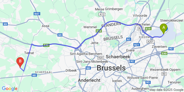Map: Brussels Zaventem Airport (BRU) to Borchtlombeek