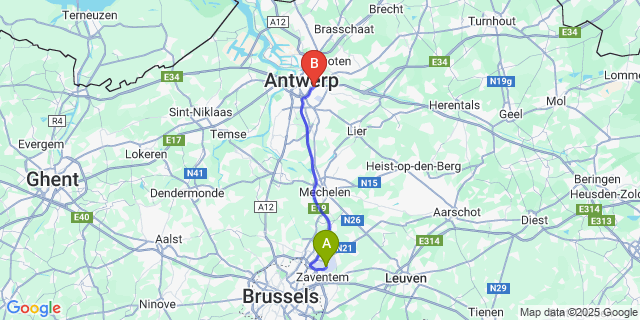 Map: Brussels Zaventem Airport (BRU) to Borgerhout