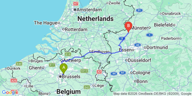 Map: Brussels Zaventem Airport (BRU) to Borken