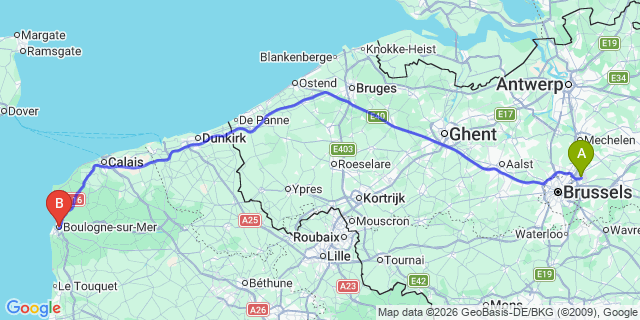 Map: Brussels Zaventem Airport (BRU) to Boulogne-sur-Mer