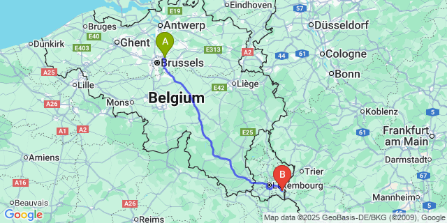 Map: Brussels Zaventem Airport (BRU) to Bous