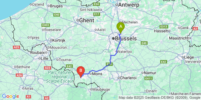 Map: Brussels Zaventem Airport (BRU) to Boussu-Bois
