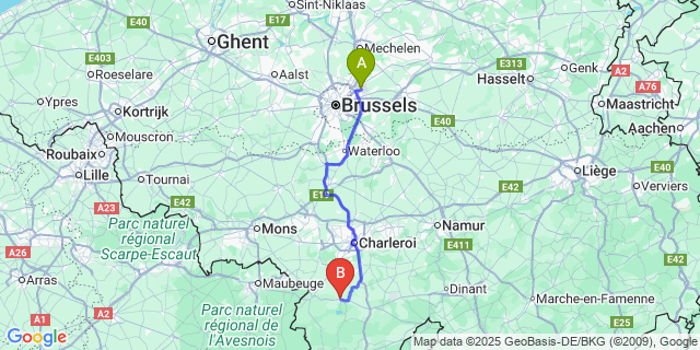 Map: Brussels Zaventem Airport (BRU) to Boussu-Lez-Walcourt