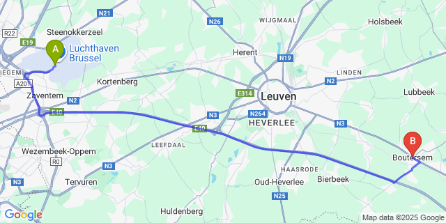 Map: Brussels Zaventem Airport (BRU) to Boutersem