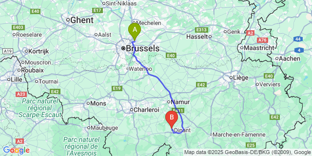 Map: Brussels Zaventem Airport (BRU) to Bouvignes-Sur-Meuse