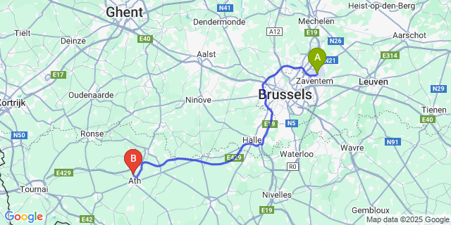Map: Brussels Zaventem Airport (BRU) to Bouvignies