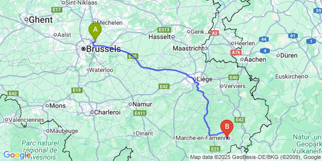 Map: Brussels Zaventem Airport (BRU) to Bovigny
