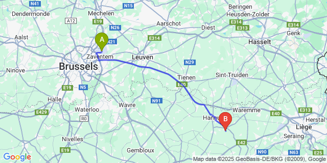 Map: Brussels Zaventem Airport (BRU) to Braives