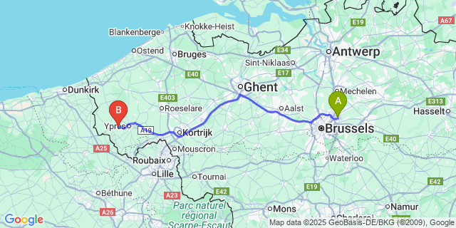 Map: Brussels Zaventem Airport (BRU) to Brandhoek