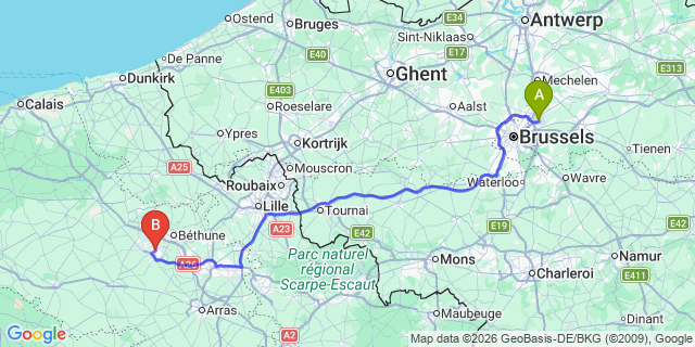 Map: Brussels Zaventem Airport (BRU) to Bruay-la-Buissière