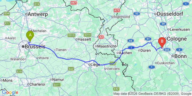 Map: Brussels Zaventem Airport (BRU) to Brühl