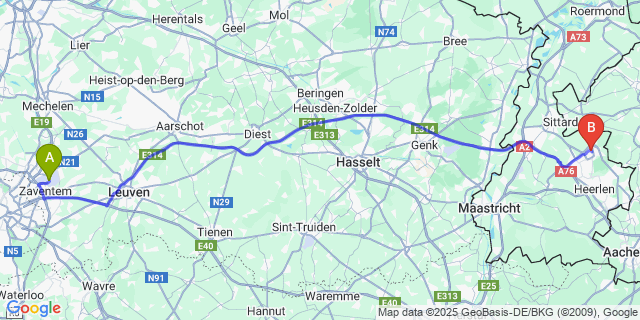 Map: Brussels Zaventem Airport (BRU) to Brunssum