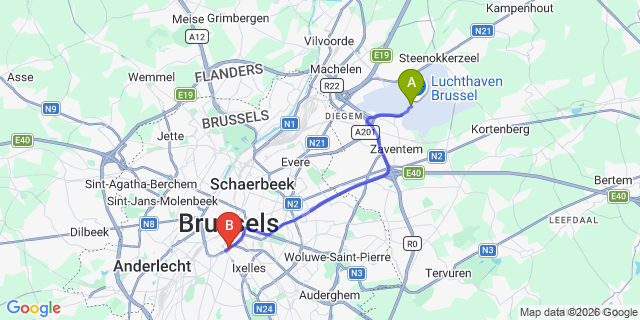 Map: Brussels Zaventem Airport (BRU) to cancelBrussels, Brussels
