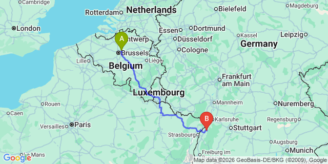 Map: Brussels Zaventem Airport (BRU) to Bühl